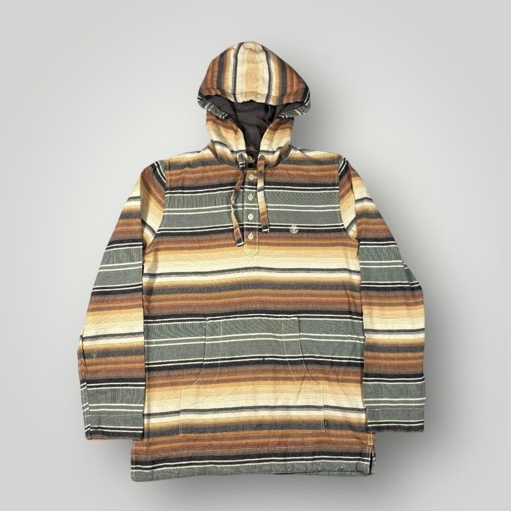 Element Hoodie Mens Small Brown Striped‎ Twill Henley Pullover Kangaroo Pocket